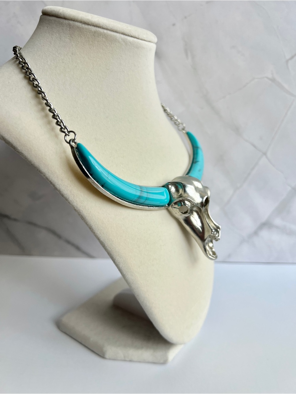 Turquoise Bull Skull Statement Necklace - Women's Jewelry - Picture 5 of 6